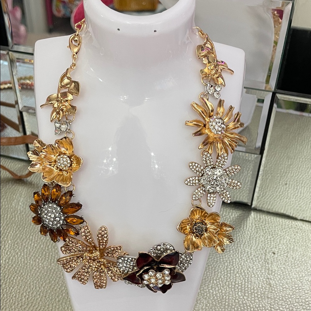 Source Unknown Gold Floral Crystal Statement Necklace with Amber Accents